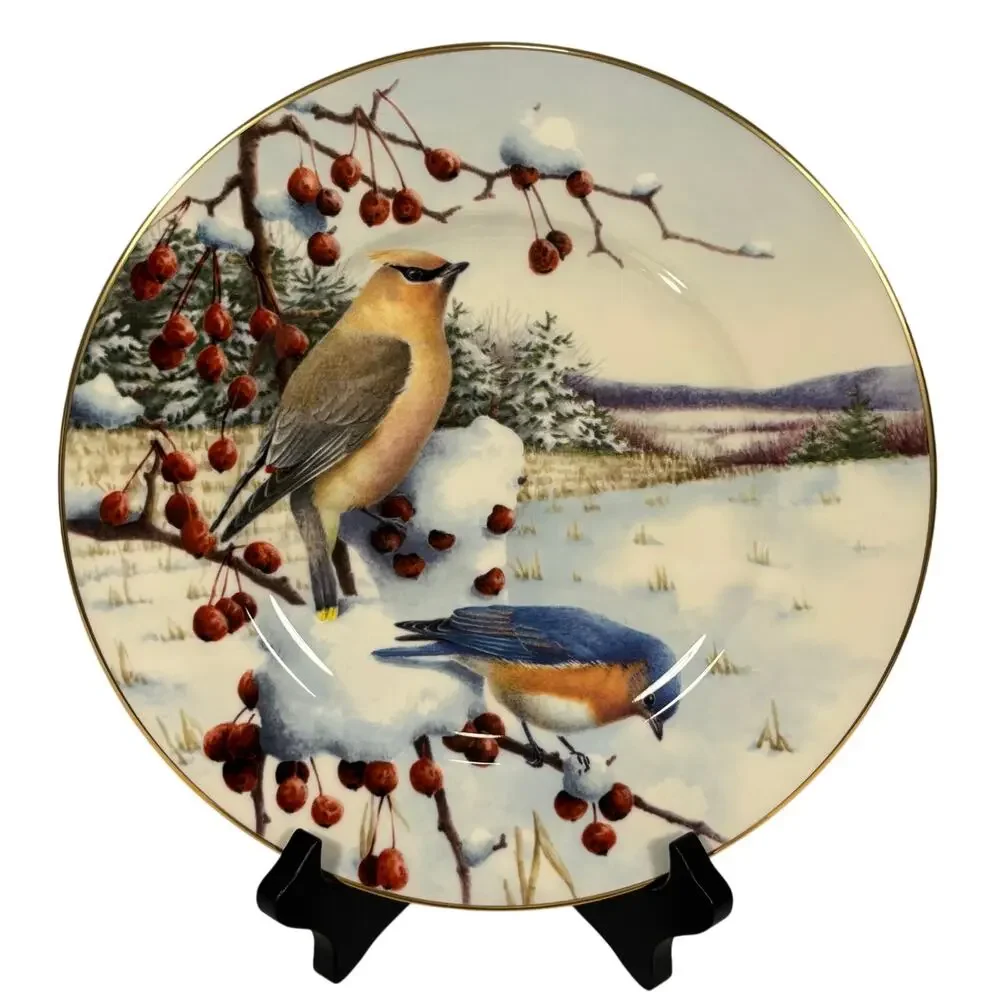 Lenox Winter Greetings Scenic Cardinal Waxwing Birds Serving Plates Bowl Set 3